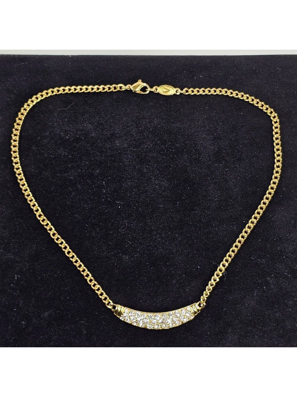 Vintage Gold Tone Rhinestone Bar Necklace 16” Signed V Tag Statement Choker